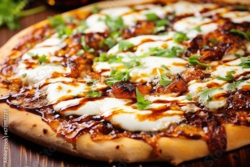 close-up of hot bbq pizza with bubbling mozzarella