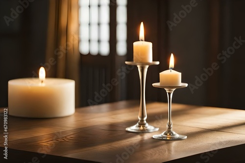The warm radiance of lighted candles on a brown wooden table sets a serene and enchanting mood - AI Generative © Max_T