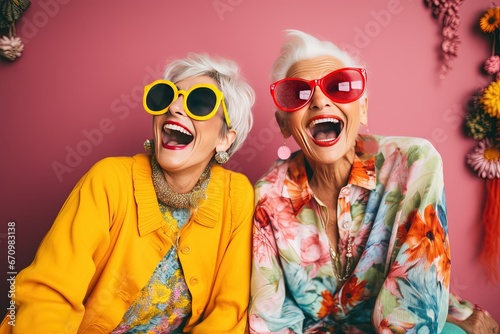 The senior Woman smiles with colorful costume shot in studio Vibrant Senior  Colorful Costume Sparks Smiles in Studio Portrait