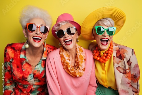 The senior Woman smiles with colorful costume shot in studio Vibrant Senior  Colorful Costume Sparks Smiles in Studio Portrait