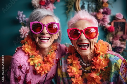 The senior Woman smiles with colorful costume shot in studio,Vibrant Senior: Colorful Costume Sparks Smiles in Studio Portrait