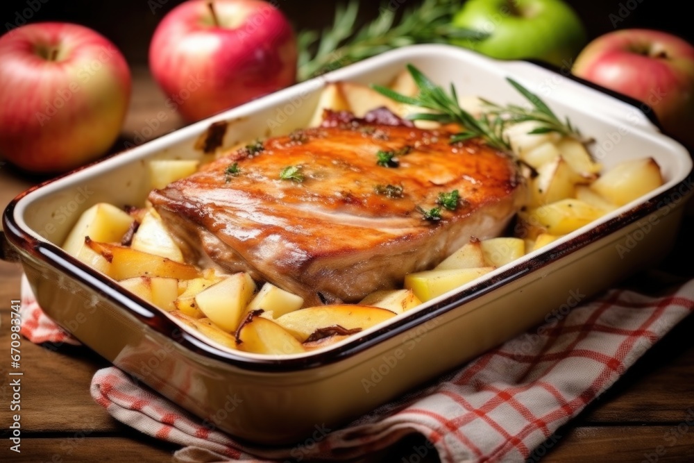 roasted pork chop in a baking dish, shined with apple sauce