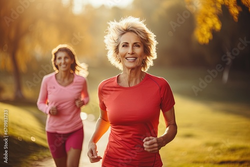 The senior Woman smiles and talks with a friend while running in the park,Active Aging: Senior Women Enjoying Park Run and Chat