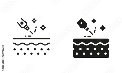 Aesthetic Cosmetic Procedure. Laser Treatment for Skin Line and Silhouette Black Icon Set. Facial Hair Removal Pictogram. Dermatology Beauty Therapy for Body Skin. Isolated Vector Illustration