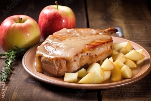 boneless pork chop on rustic wood, covered with apple sauce