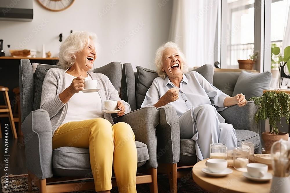 The senior Woman smiles and talks with a friend on sofa in the living room,Comfortable Talks: Elderly Friendship The senior Woman smiles and talks with a friend on sofa in the living room,Comfortable Talks: Elderly Friendship