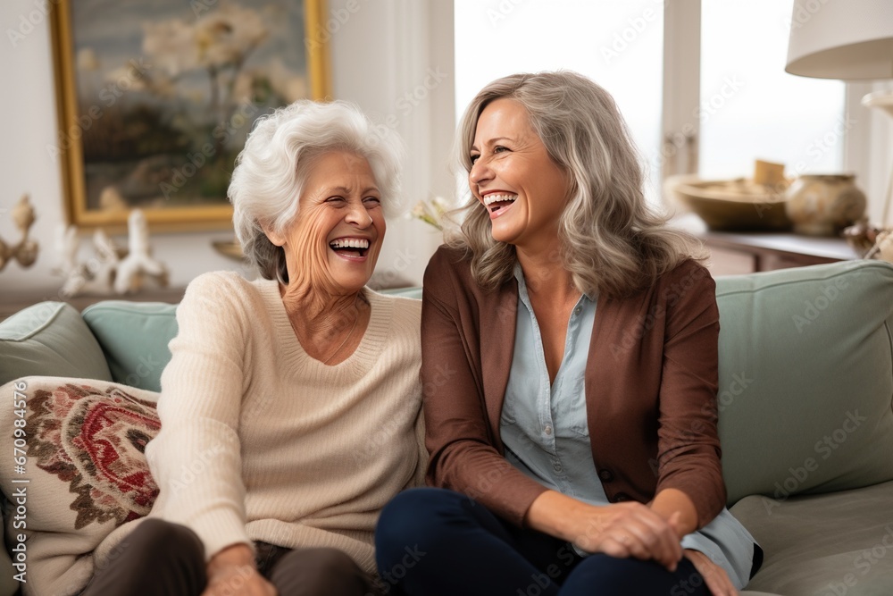 The senior Woman smiles and talks with a friend on sofa in the living room,Comfortable Talks: Elderly Friendship The senior Woman smiles and talks with a friend on sofa in the living room,Comfortable Talks: Elderly Friendship