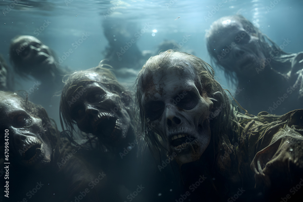 Group of zombies sleeping underwater. Neural network generated image. Not based on any actual person or scene. Group of zombies sleeping underwater. Neural network generated image. Not based on any actual person or scene.