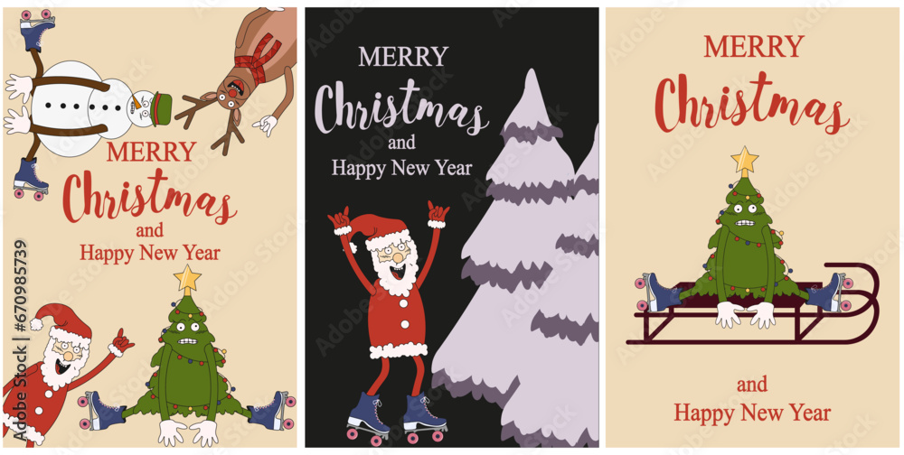 Set Trendy Christmas and New Year greeting cards with Groovy Characters. Vector illustration concepts for graphic web design, social media banner, marketing material with Santa, Reindeer, Xmas tree.