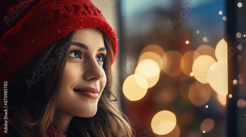 Beautiful woman celebrating Christmas at home. Girl in a seasonal winter interior. The concept of holidays. © Acronym