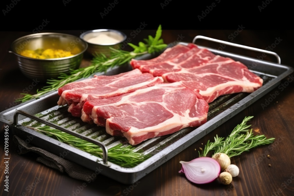 raw herb-marinated pork rib rack on a metal tray raw herb-marinated pork rib rack on a metal tray