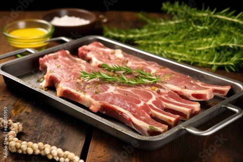 raw herb-marinated pork rib rack on a metal tray