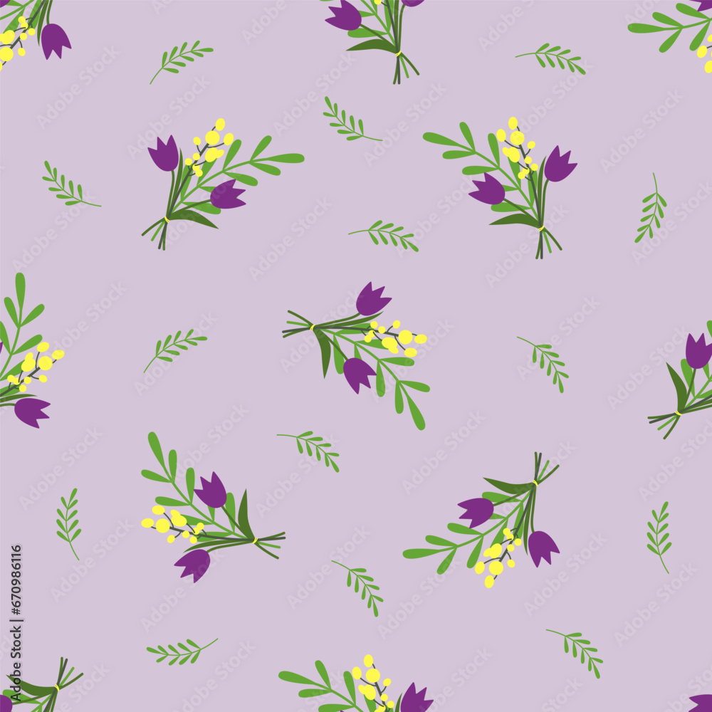 Seamless floral vector pattern. Surface design with a bouquet, small spring plants like tulip, mimosa flowers, leaves, branches isolated on lilac background.