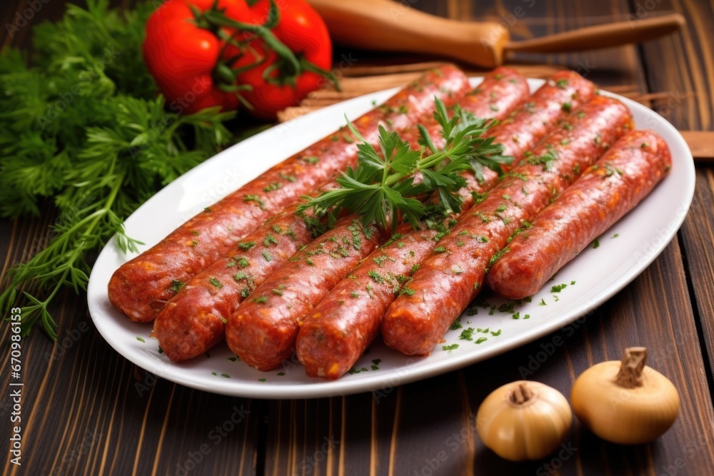 raw sausages marinated with herbs and spices on a plate