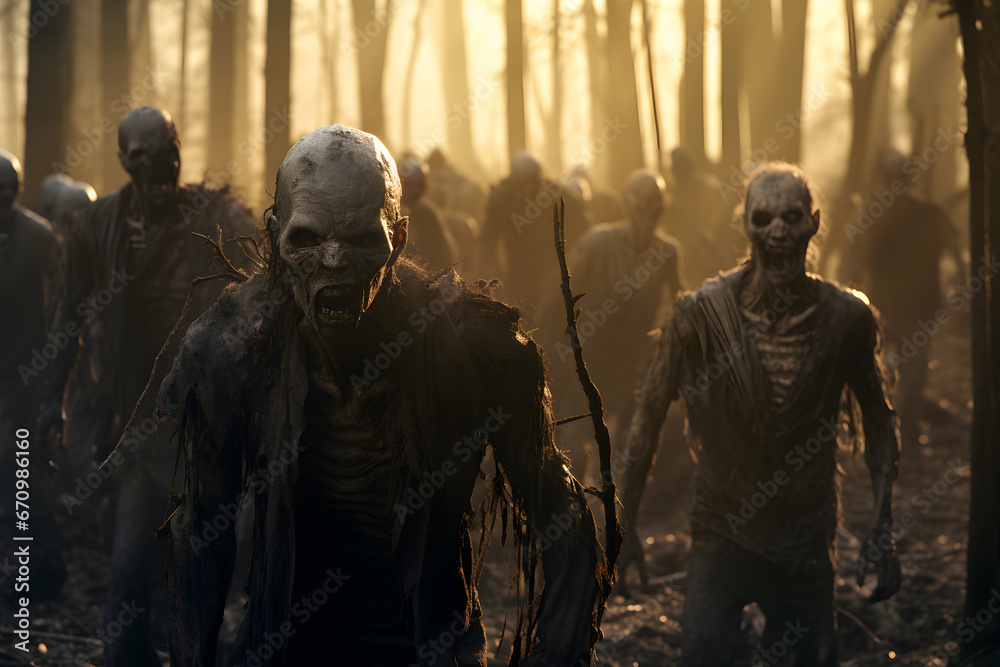 group of zombies standing in the forest at sunset or sunrise. Neural network generated image. Not based on any actual person, scene or pattern. group of zombies standing in the forest at sunset or sunrise. Neural network generated image. Not based on any actual person, scene or pattern.