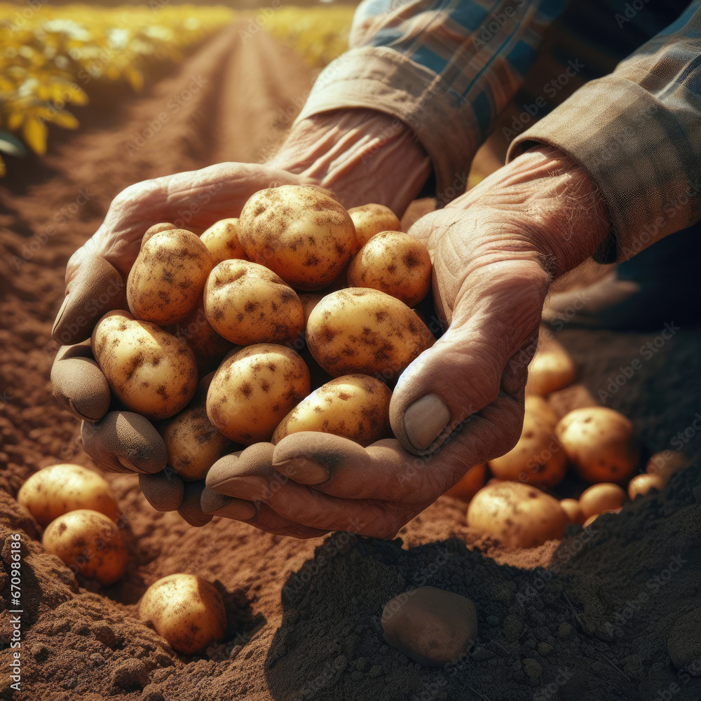 Old farmer's hands holding bunch of potatoes harvest. in the background planted field with agricultural vehicle. Sunny bright weather Old farmer's hands holding bunch of potatoes harvest. in the background planted field with agricultural vehicle. Sunny bright weather
