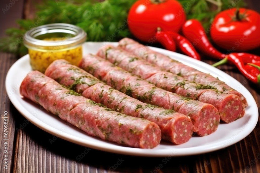 raw sausages marinated with herbs and spices on a plate