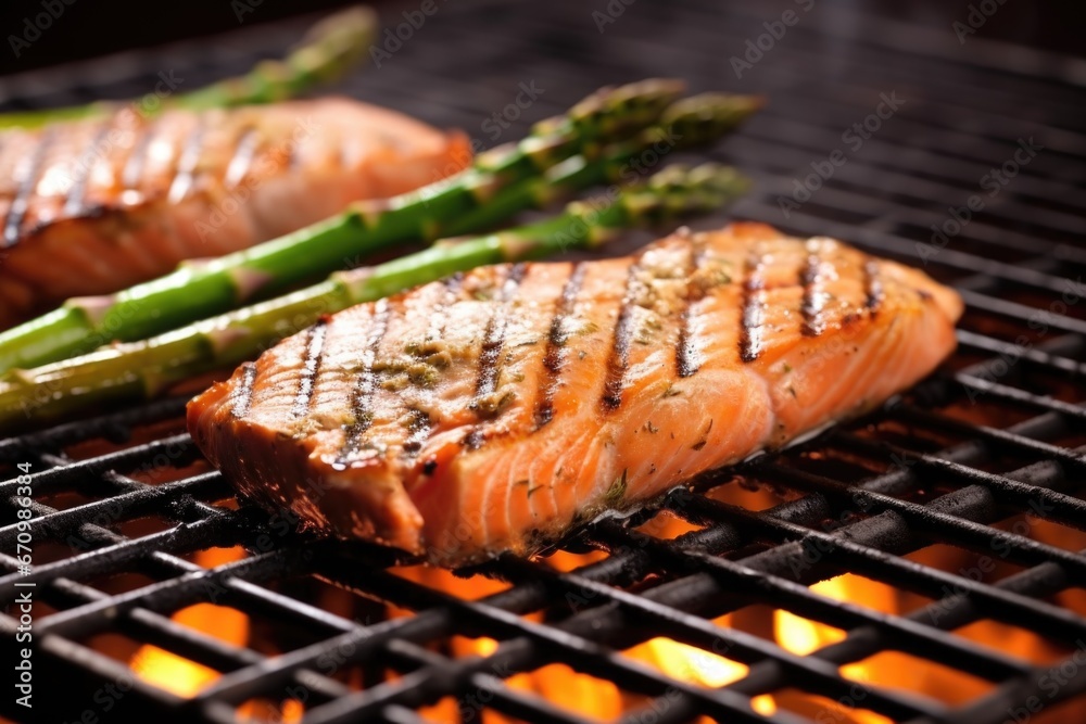 grilled salmon steak with grill marks alongside roasted asparagus