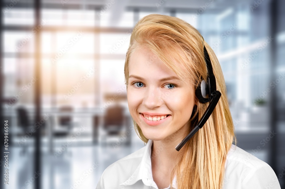 Portrait of business woman, using headset for online communication, AI generated image Portrait of business woman, using headset for online communication, AI generated image