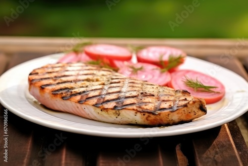 bright pink salmon steak with grill marks atop a porcelain plate