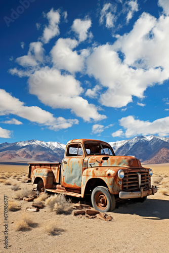 Old, rusty pick up truck in desert, deep blue sky, white clouds in the background