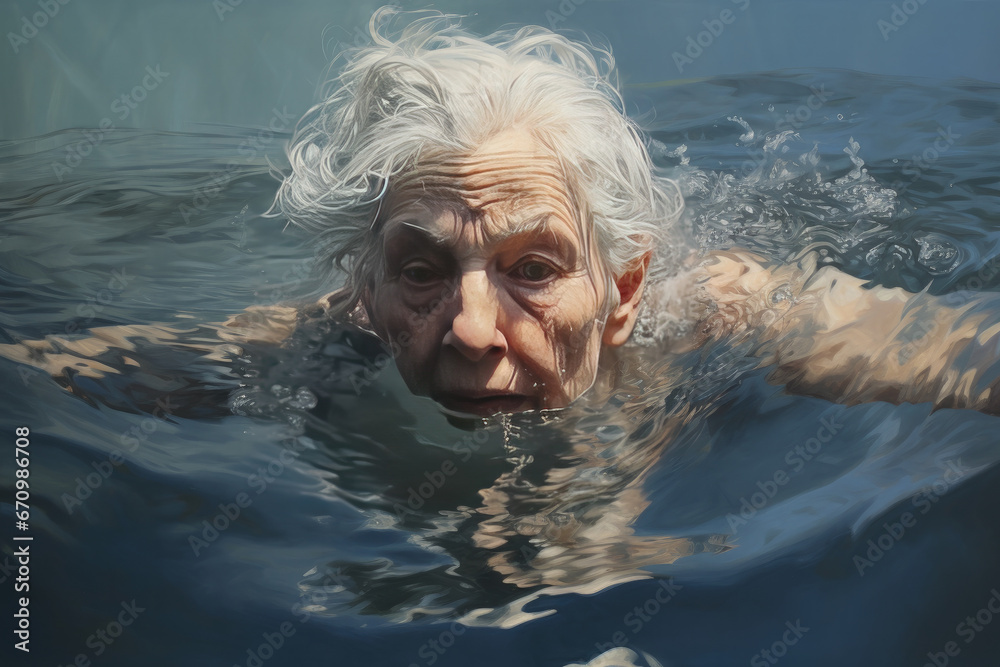 Older lady, with grey hair, coldwater, swimming 