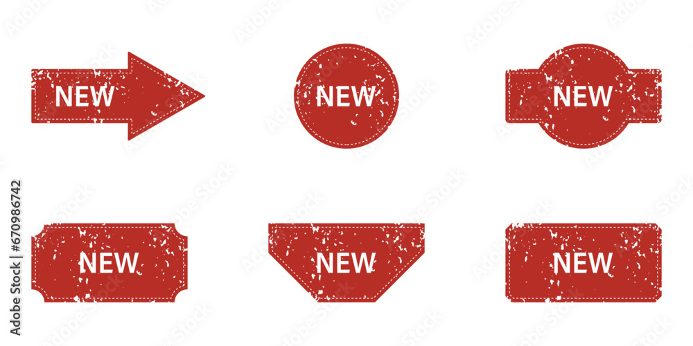 New Product Tag Set. Price Offer Grunge Badge. Sale Offer Label. Promotion Symbol Collection. Special Discount Red Stickers in Different Shapes. Advertising Rubber Stamp. Isolated Vector Illustration
