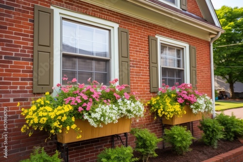 close-up of a brick saltbox house with flowering window boxes © primopiano