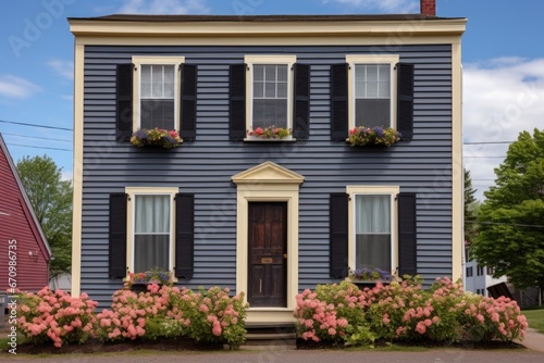 saltbox house with floral-patterned window shutters