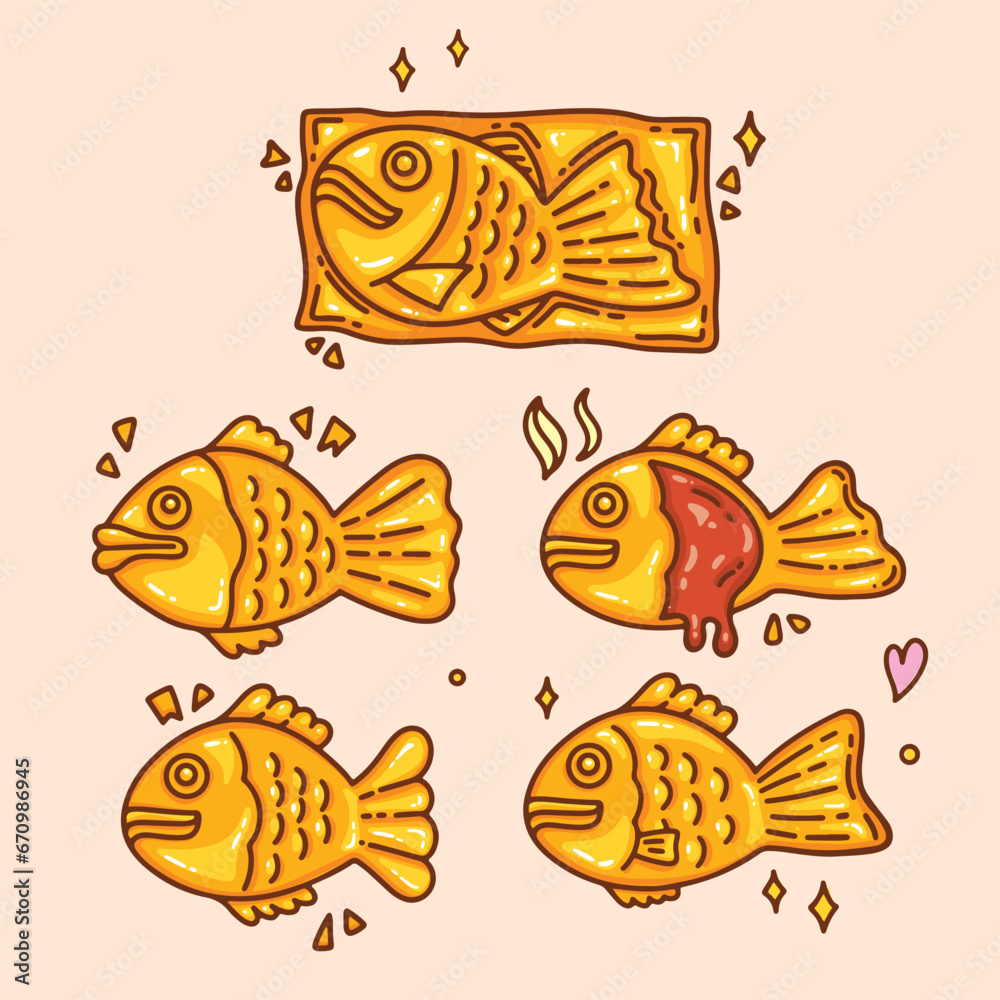 Taiyaki, Bungeoppang, Fish Shaped Pastry, Food drawing, vector illustration.
