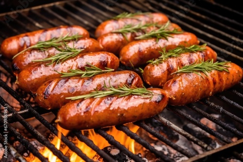 sausages simmering with herbs on a bbq grill