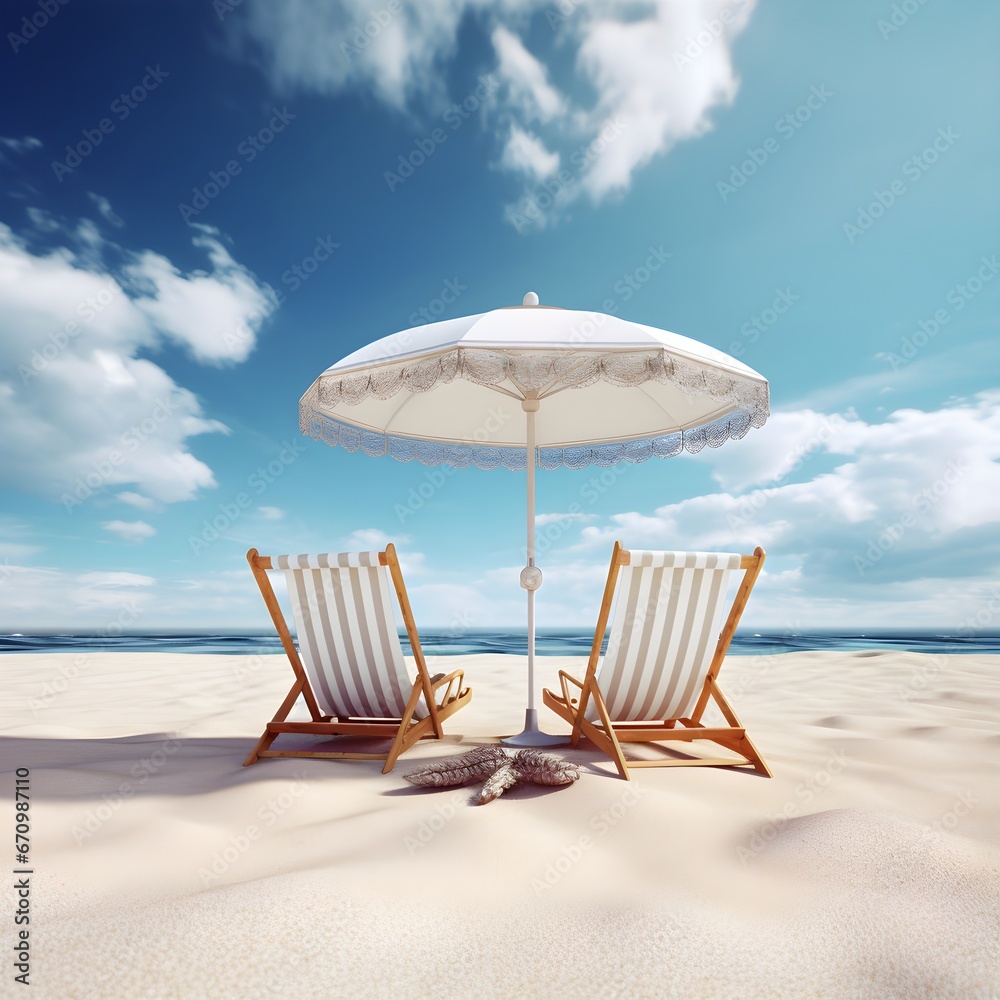 2 wooden sun loungers on the beach overlooking the ocean, tropical beach concept, resort, relaxation