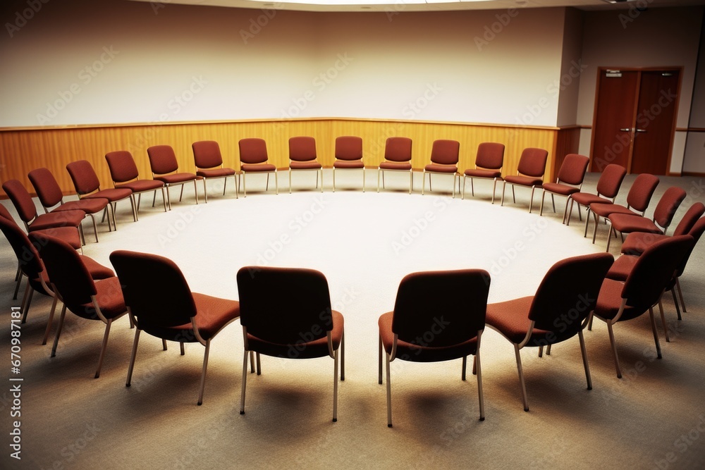 a view of an empty corporate meeting room with chairs in a circular setup a view of an empty corporate meeting room with chairs in a circular setup