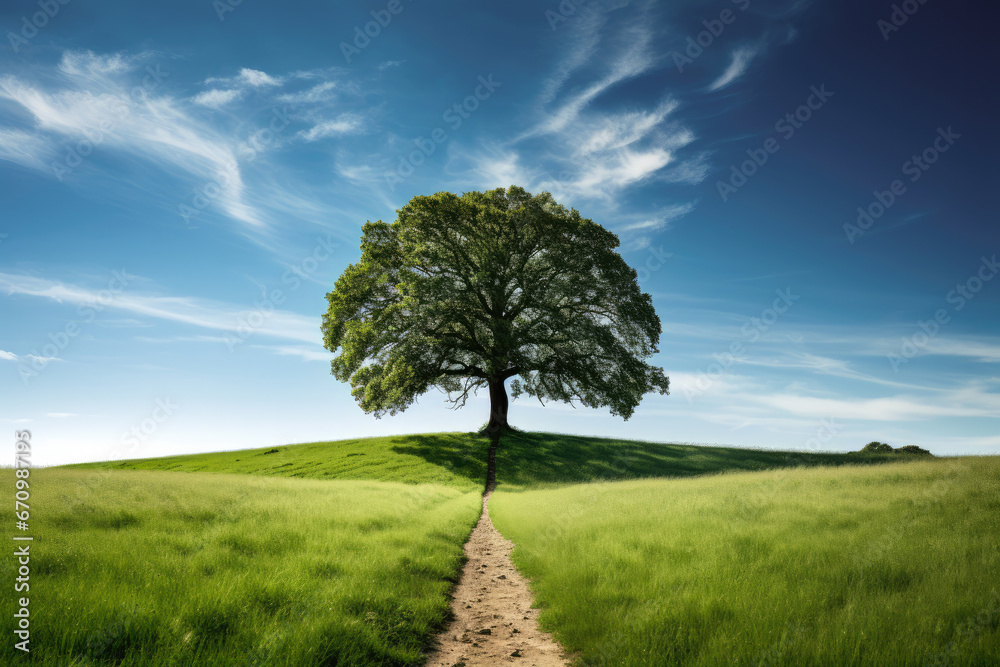 Obraz premium Iconic summer oak tree with leading dirt path, Summermeadow and blue sky