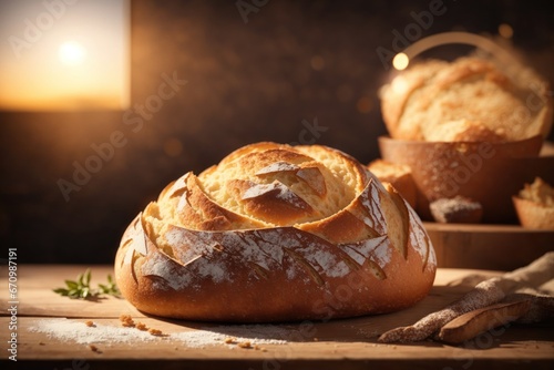 Sourdough bread with crispy crust on wooden table. ai generative
