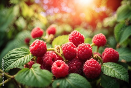 Branch of ripe raspberries in a garden on blurred background. Growing sweet berries. ai generative