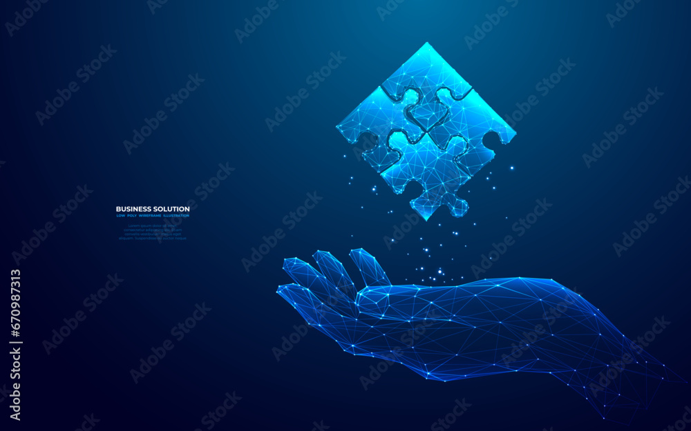 Abstract hand-holding jigsaw puzzle hologram in futuristic light blue style. Digital business solution concept. Low poly wireframe vector illustration on dark technology background.  - obrazy, fototapety, plakaty 
