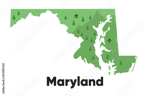 Maryland map shape United states America green forest hand drawn cartoon style with trees travel terrain photo