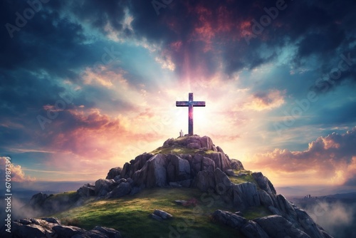 holy cross symbolizing the death and resurrection of Jesus Christ with The sky over Golgotha Hill. ai generative © Igor