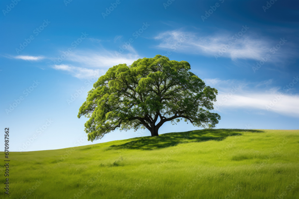 Symbolic oak tree with summer foliage grass on crown of Hill, Meadow in the foreground blue sky white clouds in the background Symbolic oak tree with summer foliage grass on crown of Hill, Meadow in the foreground blue sky white clouds in the background