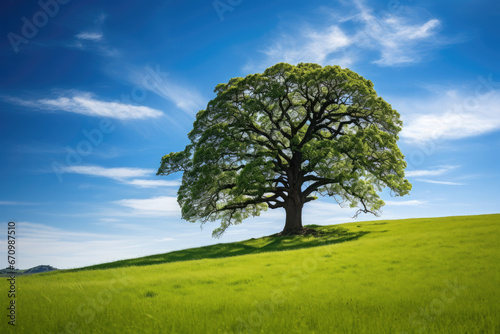 Symbolic oak tree with summer foliage grass on crown of Hill, Meadow in the foreground blue sky white clouds in the background