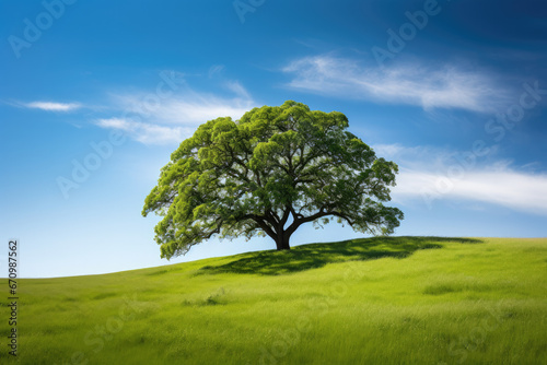 Symbolic oak tree with summer foliage grass on crown of Hill  Meadow in the foreground blue sky white clouds in the background