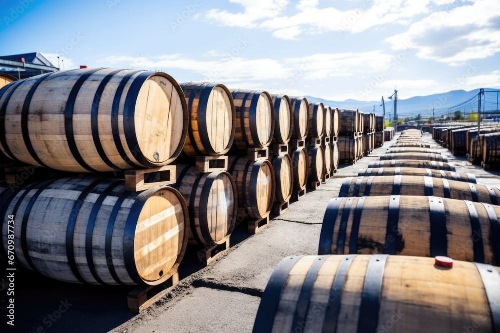 wooden whisky barrels in shipping area