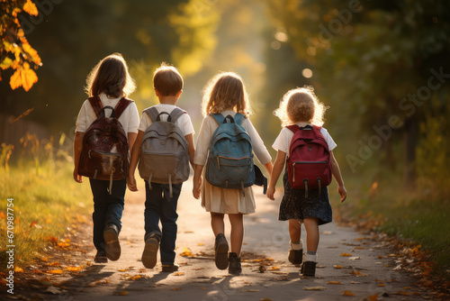 Group of kids walking together in a heartwarming display of friendship. Join these happy children as they enjoy outdoor adventures and create beautiful memories.