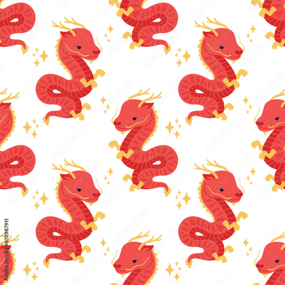 Vector seamless pattern with cute Chinese dragon character on white background