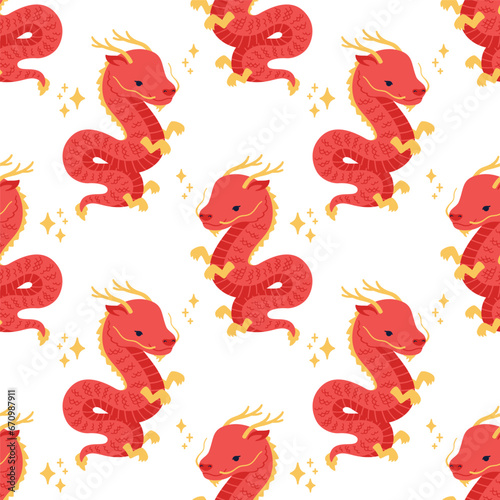 Vector seamless pattern with cute Chinese dragon character on white background
