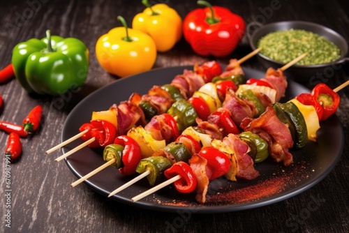 skewers with brussels sprouts and bacon, pepper grinder aside
