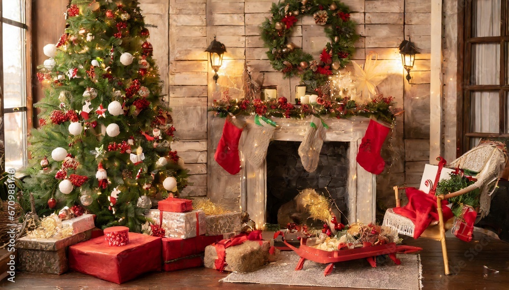 Christmas tree with gifts and fireplace