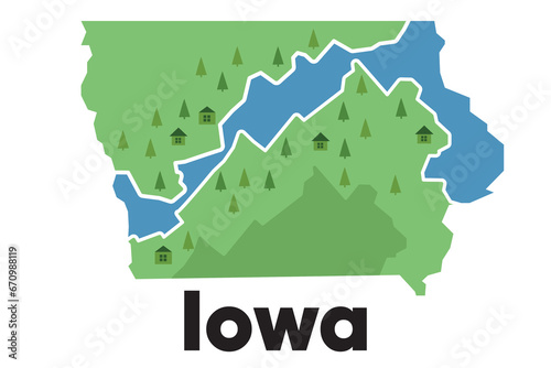 Iowa map shape United states America green forest hand drawn cartoon style with trees travel terrain