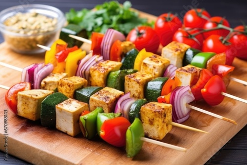 vegan tofu skewers on a rod with assorted vegetables